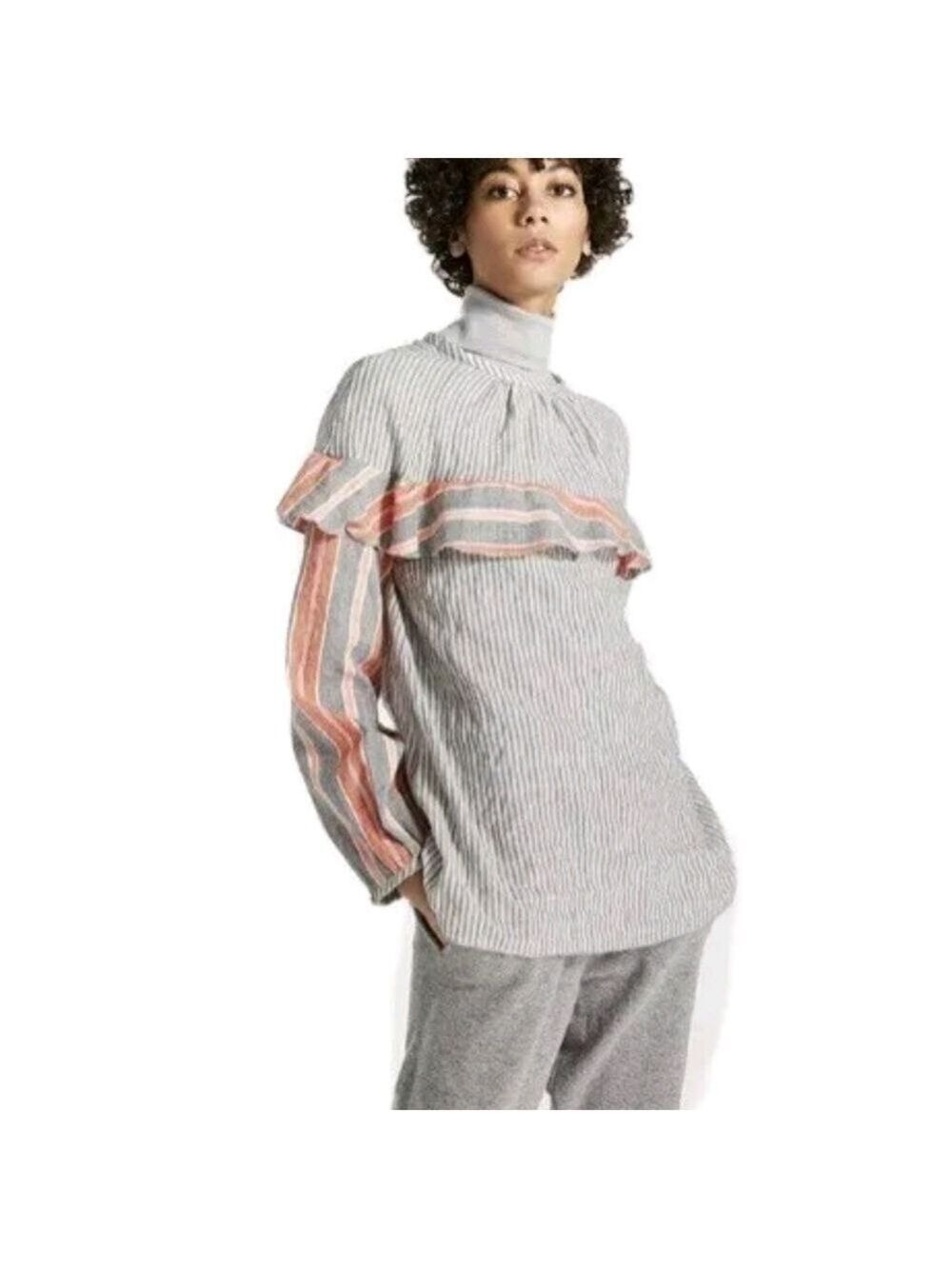 Lemlem Striped Cotton Blouse Coral Gray Size Medium